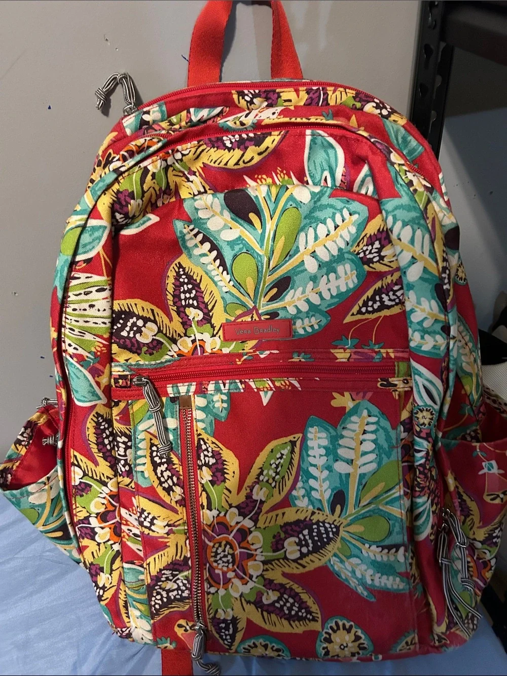 Vera Bradley Red Floral Print Backpack with Teal & Yellow Accents